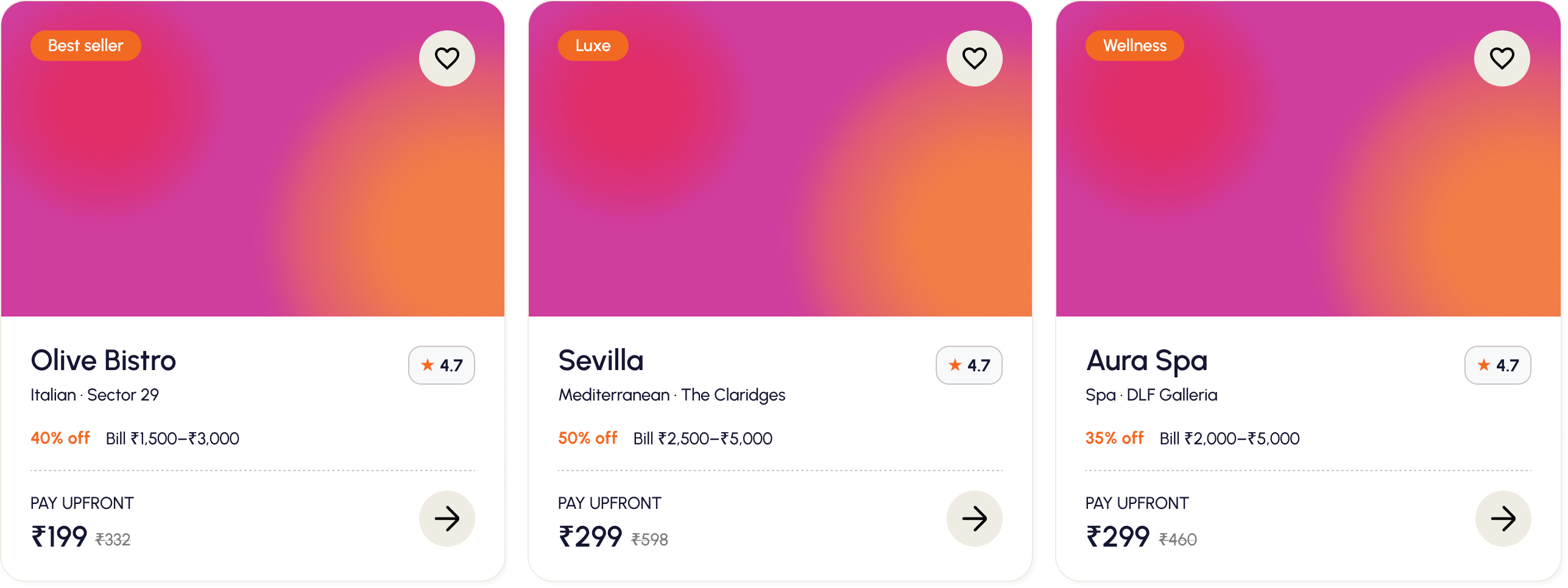 Tonight's deals: Olive Bistro 40% off ₹199, Sevilla 50% off ₹299, Aura Spa 35% off ₹299