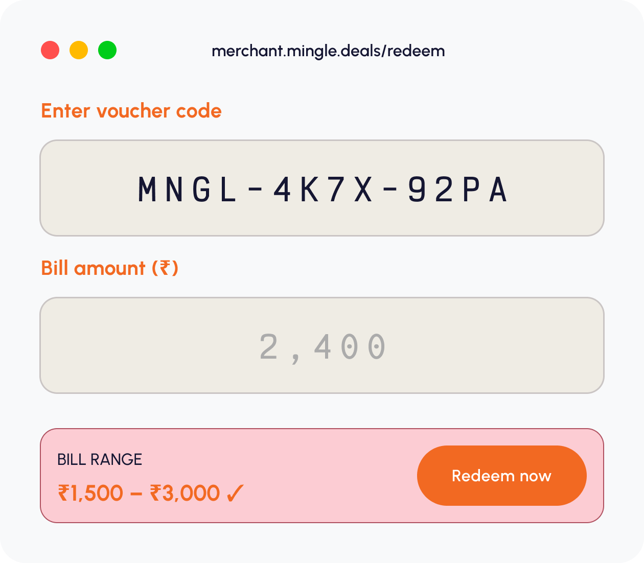 Merchant portal: enter voucher code MNGL-4K7X-92PA, bill amount ₹2,400, within range, redeem now