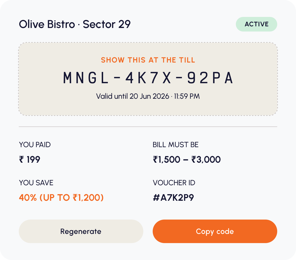Voucher for Olive Bistro, Sector 29 — code MNGL-4K7X-92PA, you paid ₹199, save 40%